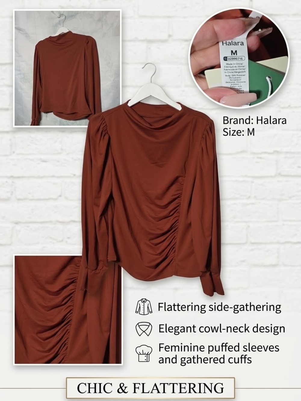 HALARA Rust Long-Sleeve Cowl-Neck Top with Side Gathering